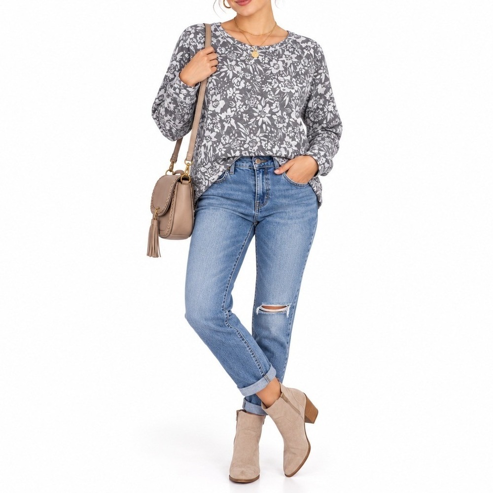 Soft Surroundings Sweatshirt Women XL Gray Floral Comfy French Terry Pullover